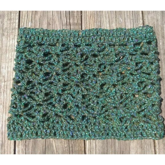 Handmade Women's Loop Scarf Cowl Crochet Alpaca Neckwarmer Lace Green Glitter - Picture 6 of 9